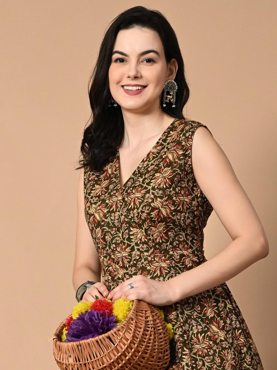 

NIRMOK Women Floral Printed A-Line Midi Dress, Green