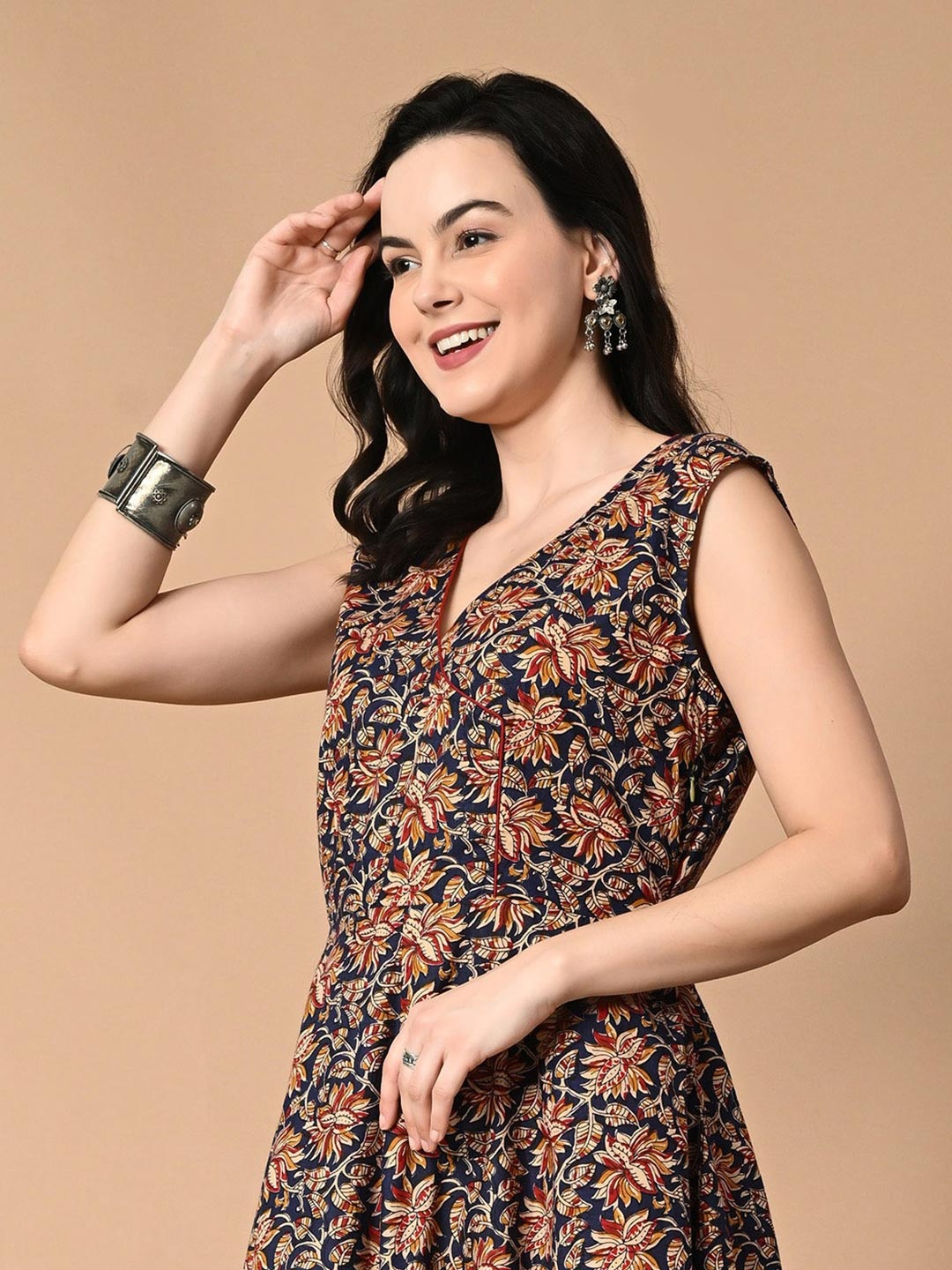 

NIRMOK Floral Printed A-Line Midi Cotton Dress, Blue