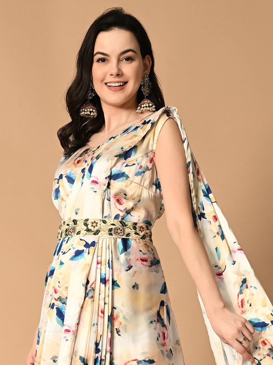 

NIRMOK Women Printed Saree With Stitched Blouse, Cream