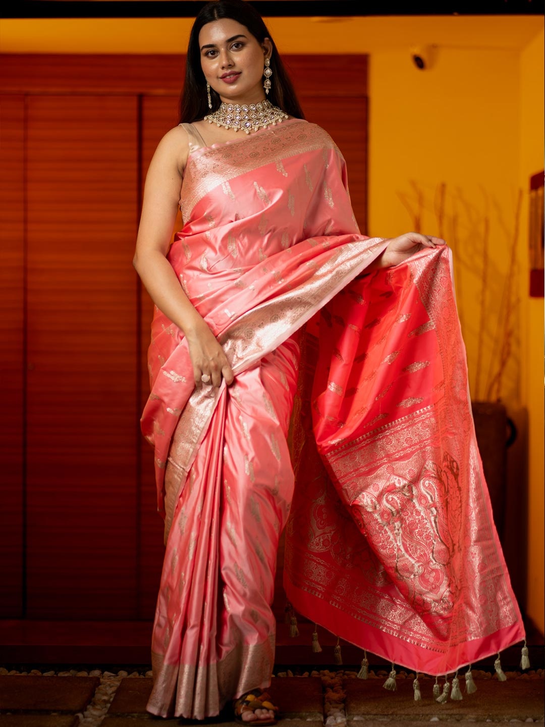 

I LOVE SAREES Woven Design Zari Pure Cotton Banarasi Saree, Pink
