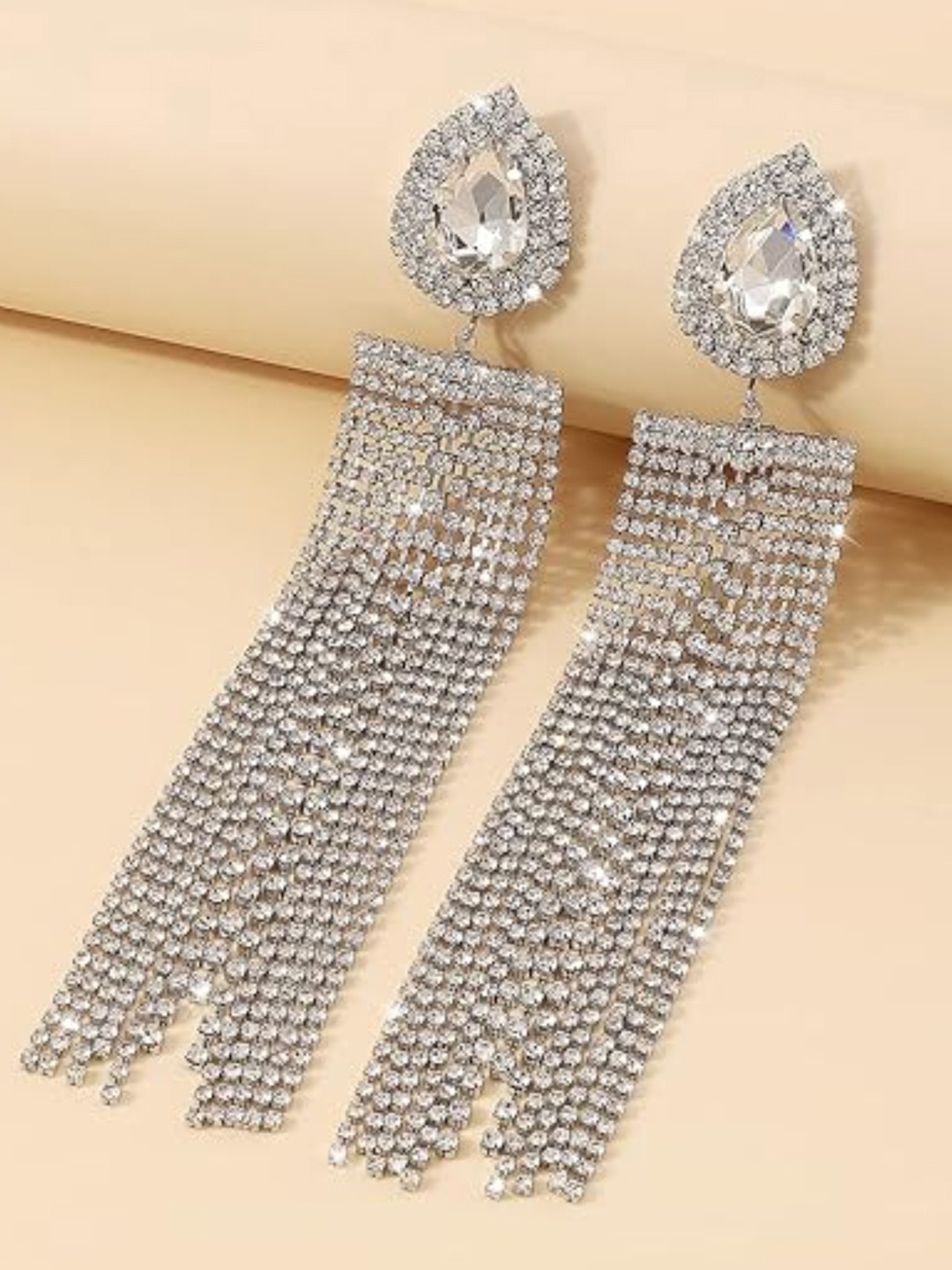 

fabula Crystal Studded Teardrop Shaped Drop Earrings, Silver