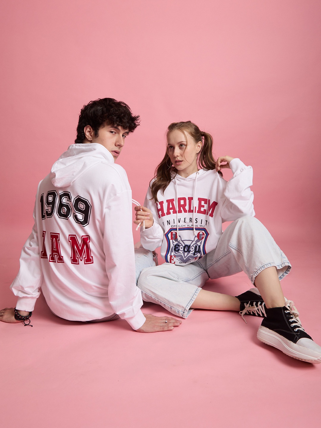 URA STREET Unisex Varsity Print Hooded Sweatshirt, White
