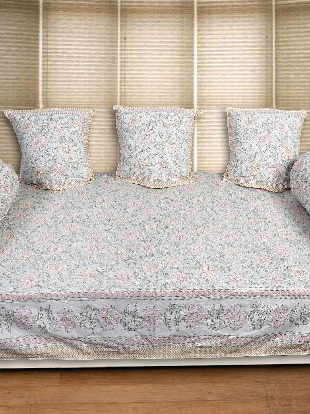 

INDHOME LIFE White & Pink 6 Pieces Floral Printed Pure Cotton Diwan Set