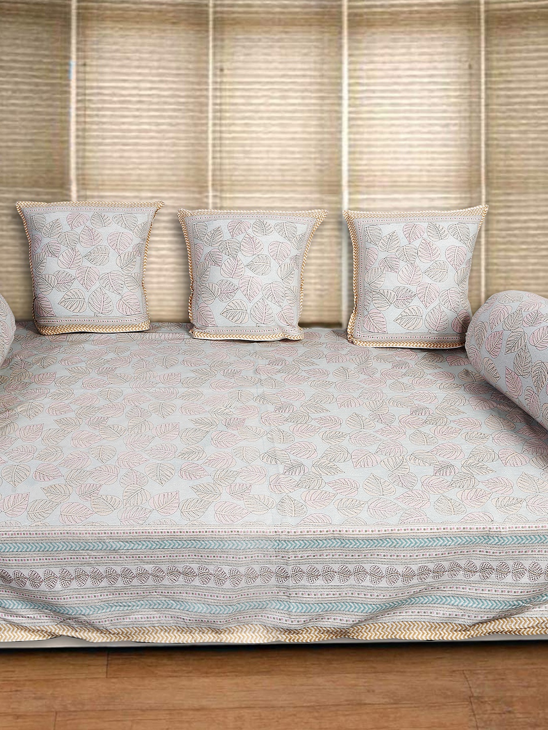 

INDHOME LIFE Blue & Pink 6 Pieces Floral Printed Pure Cotton Diwan Set