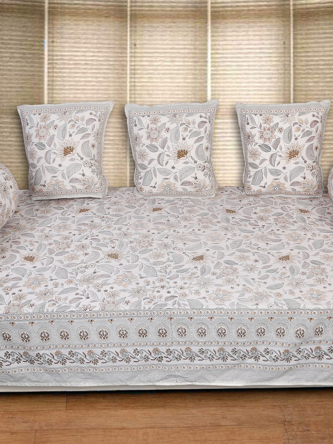 

INDHOME LIFE White & Grey 6 Pieces Floral Printed Pure Cotton Diwan Set