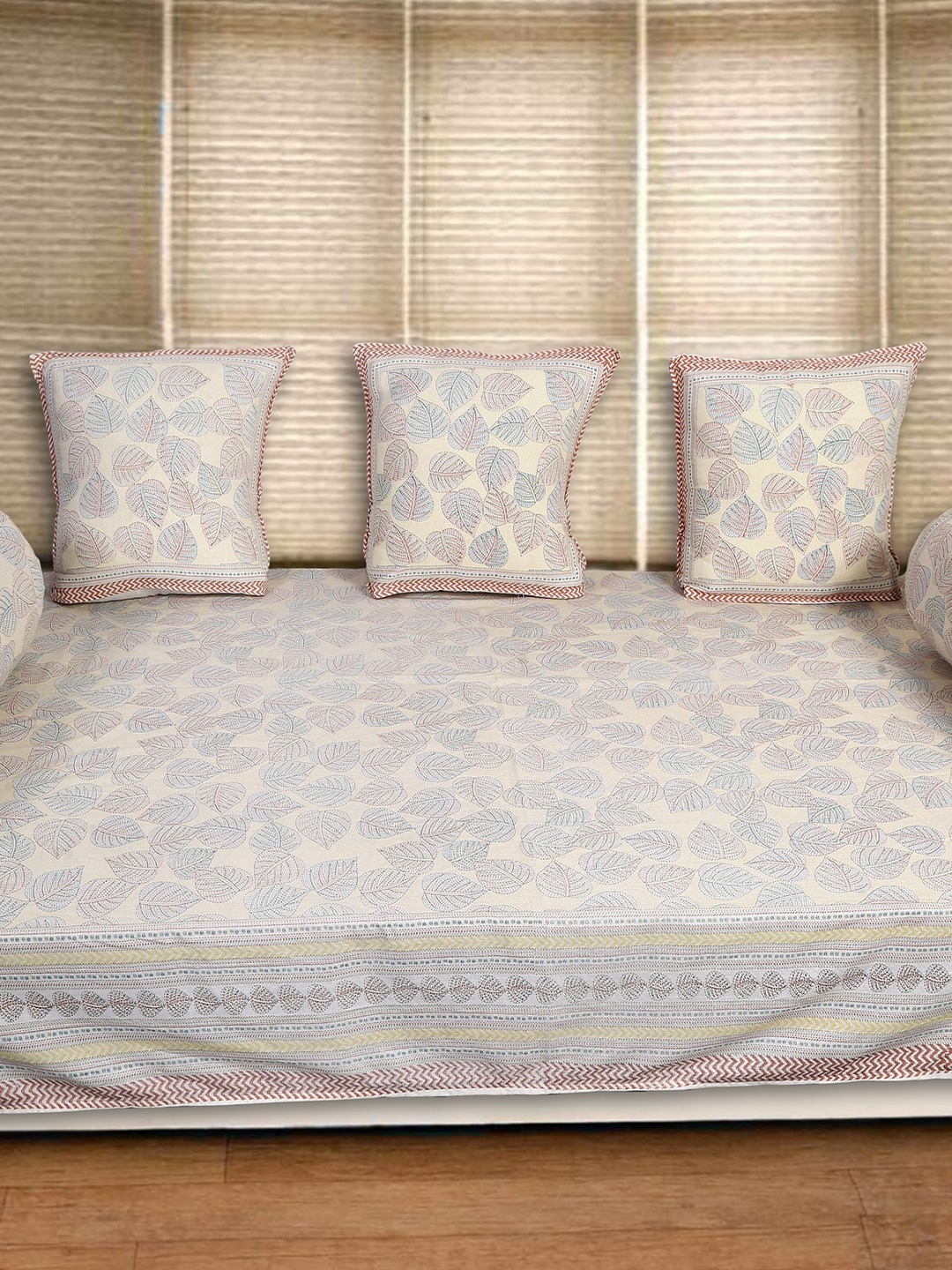 

INDHOME LIFE Cream-Color & Blue 6 Pieces Floral Printed Cotton Diwan Set