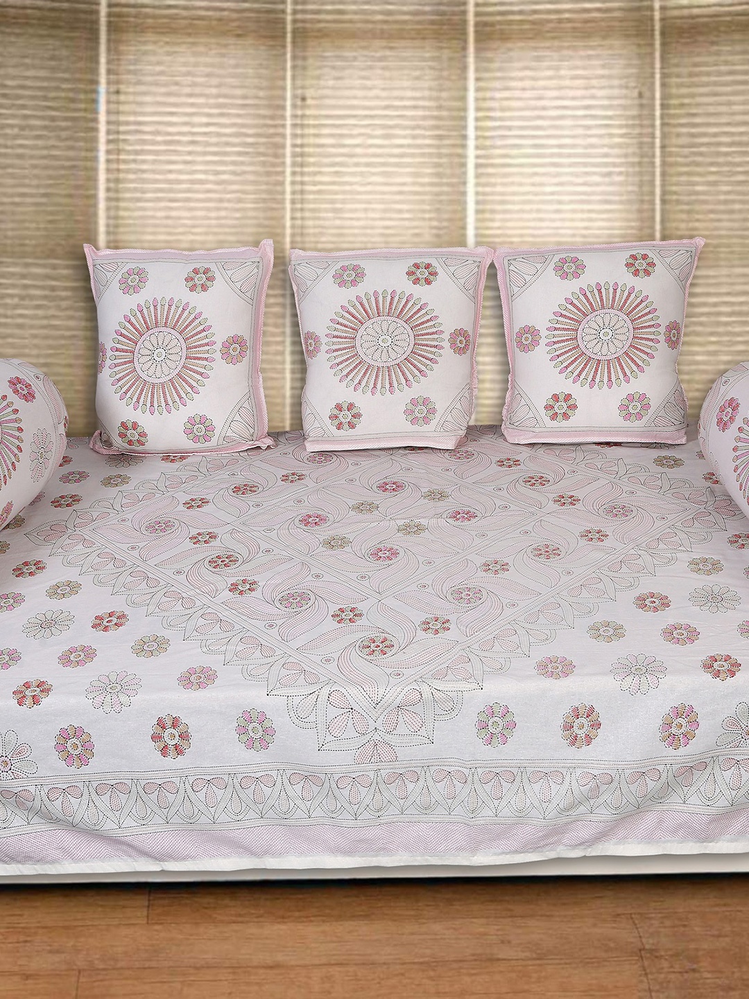 

INDHOME LIFE White & Red 6 Pieces Floral Printed Pure Cotton Diwan Set