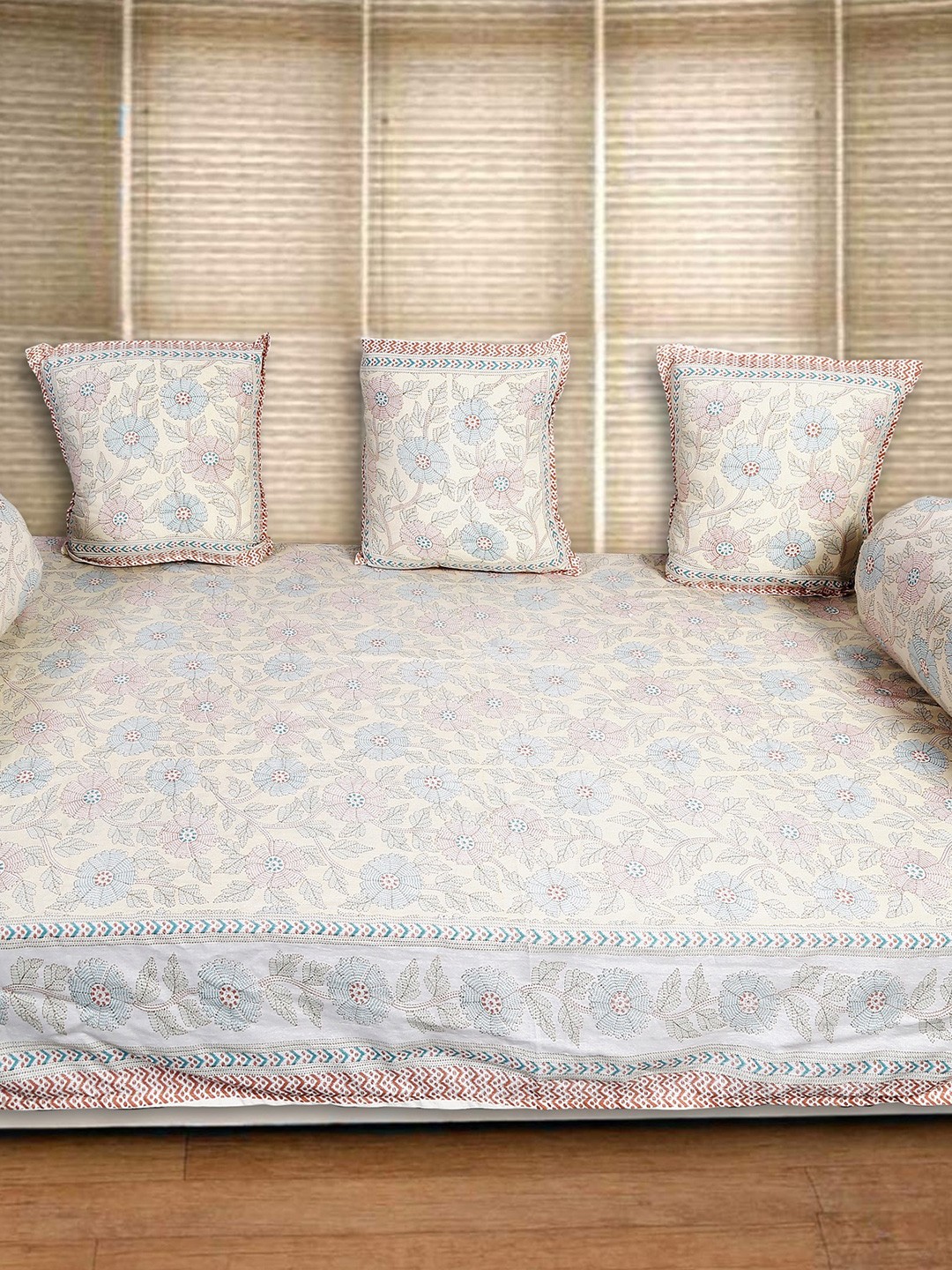 

INDHOME LIFE Beige-Color & Blue 6 Pieces Floral Printed Pure Cotton Diwan Set