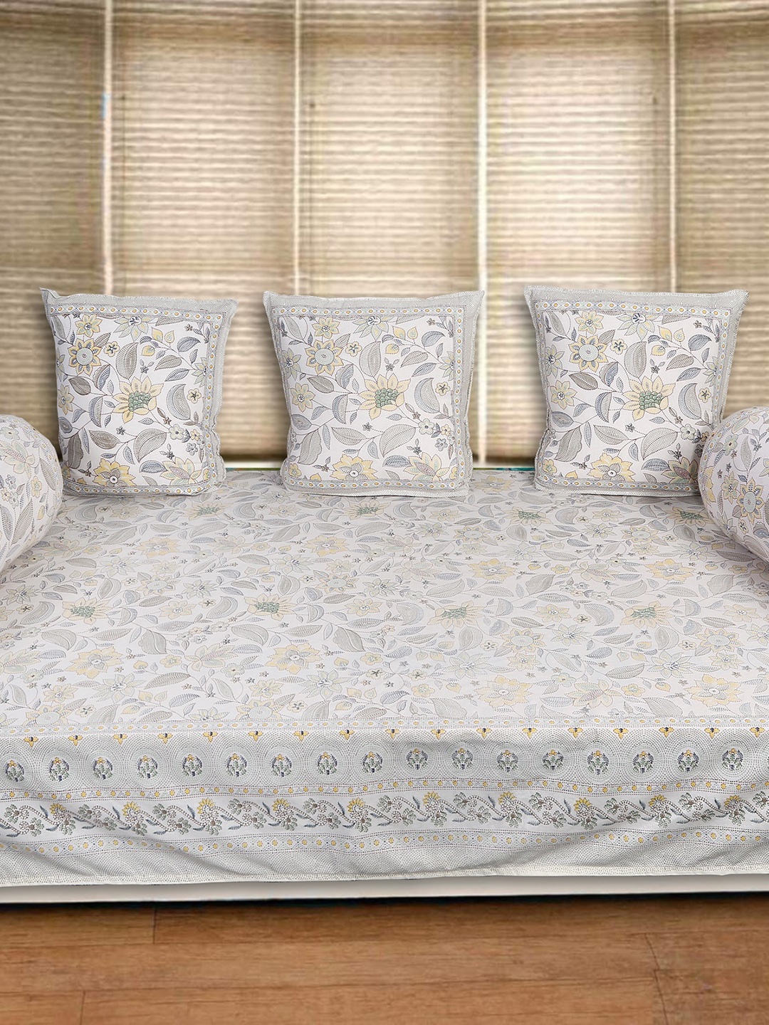 

INDHOME LIFE White & Blue 6 Pieces Floral Printed Cotton Diwan Set