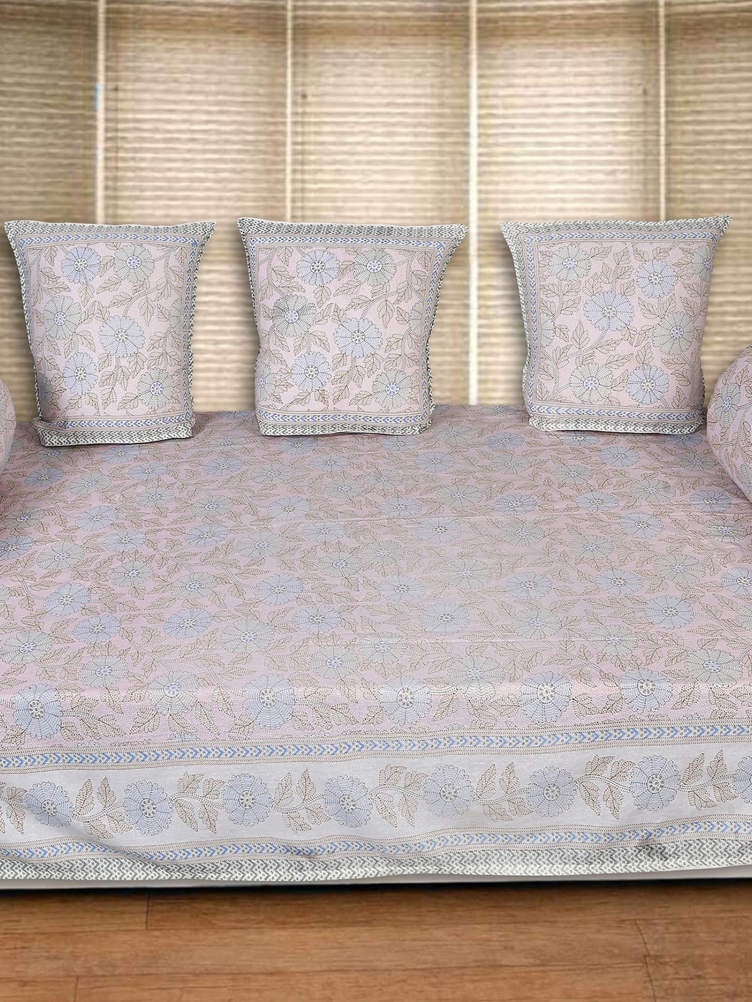 

INDHOME LIFE Pink & Blue 6 Pieces Floral Printed Cotton Diwan Set