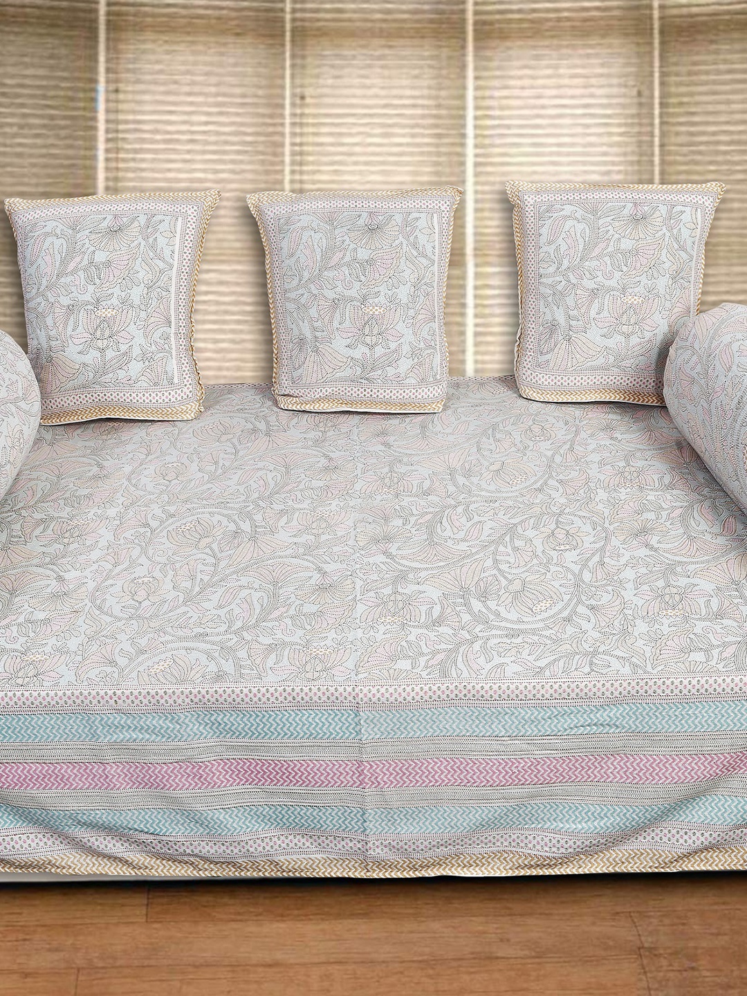 

INDHOME LIFE White & Pink 6 Pieces Floral Printed Cotton Diwan Set
