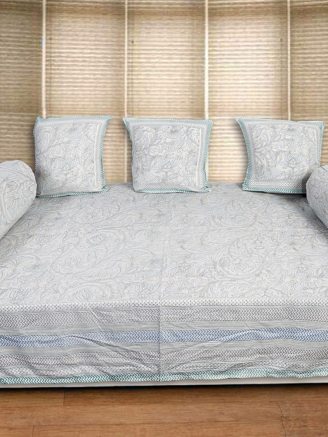 

INDHOME LIFE 6 Pcs White & Blue Floral Printed Pure Cotton Diwan Set