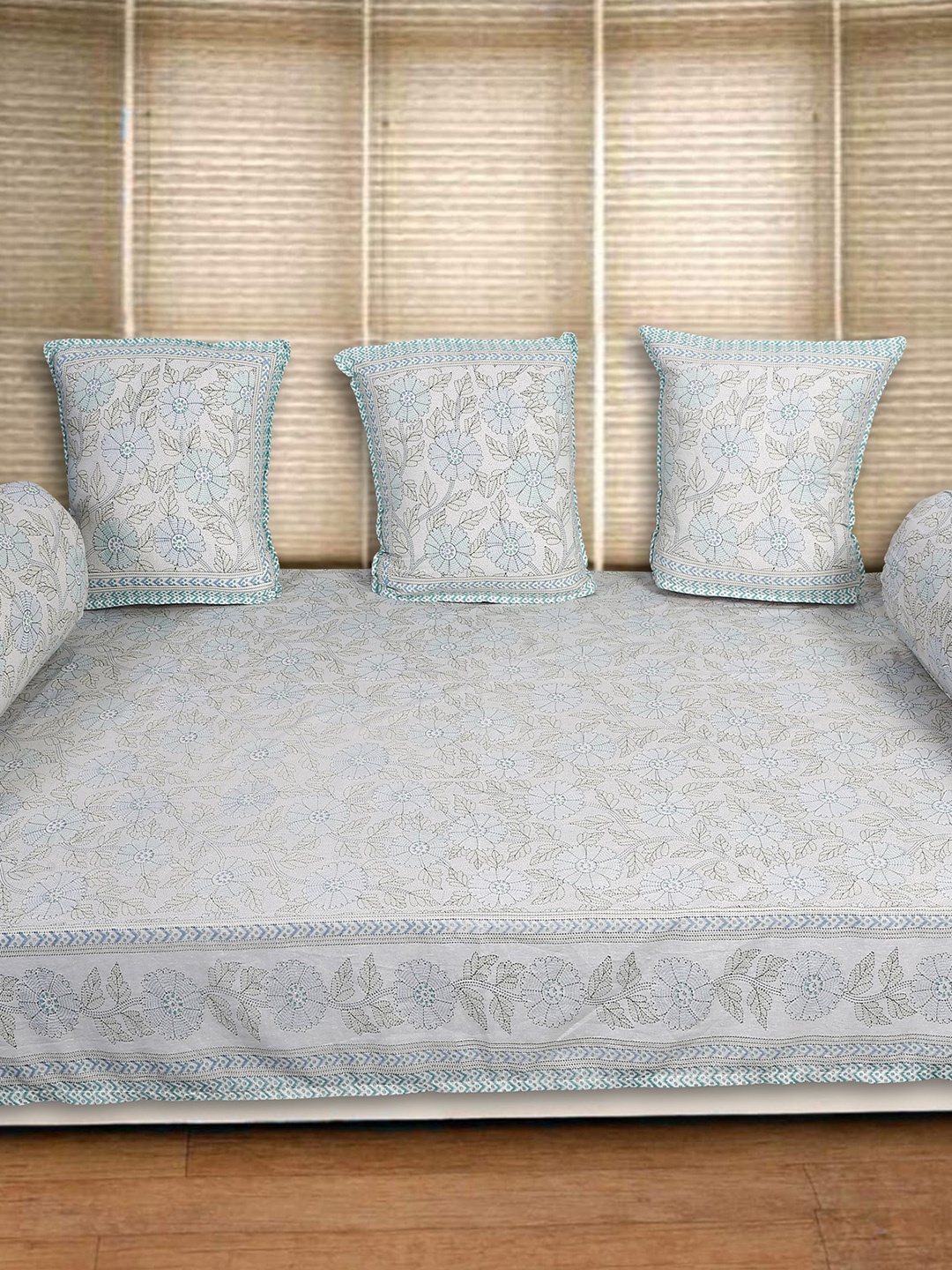 

INDHOME LIFE White & Blue 6 Pieces Floral Printed Cotton Diwan Set
