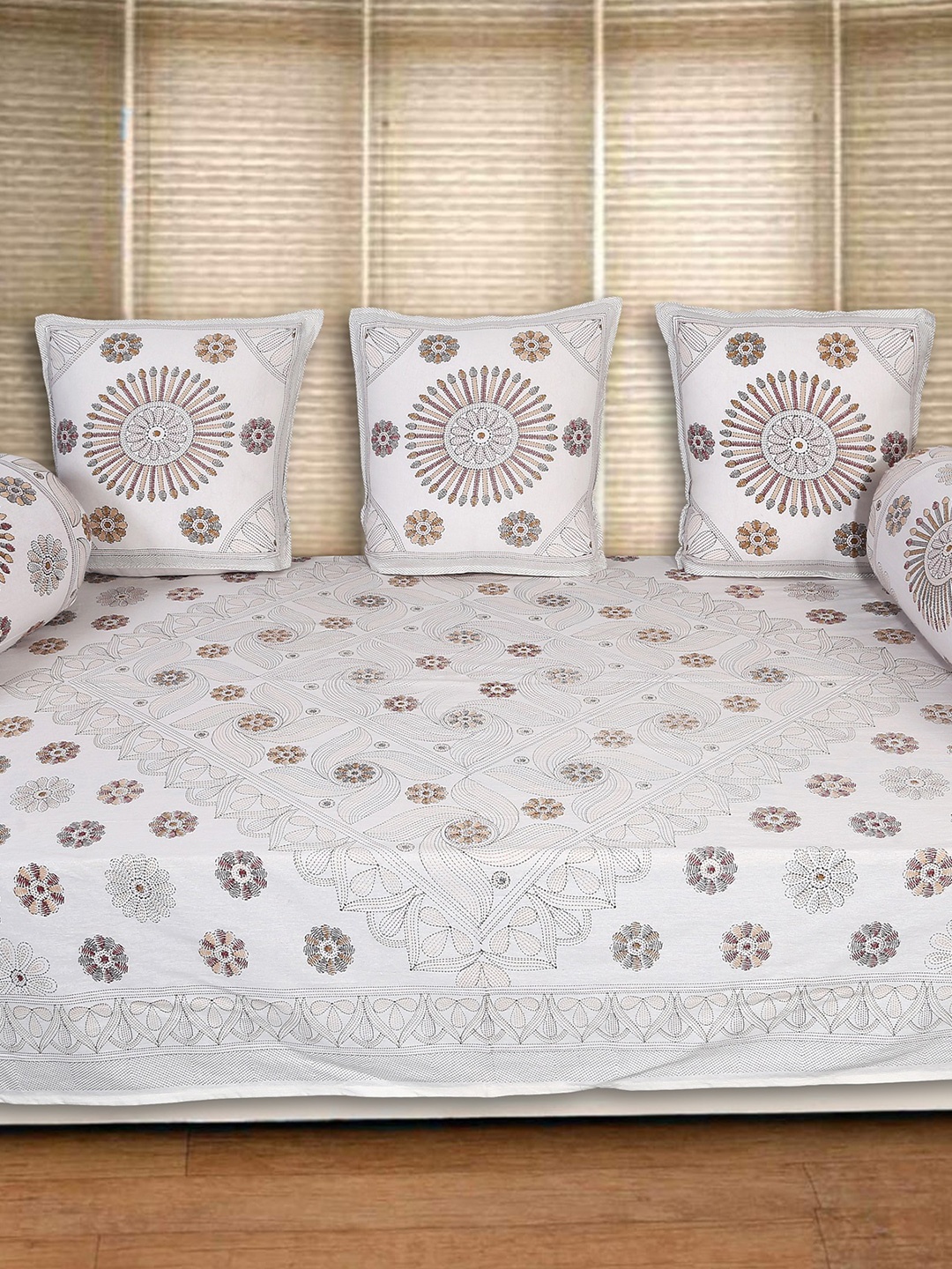

INDHOME LIFE White & Grey 6 Pieces Floral Printed Cotton Diwan Set