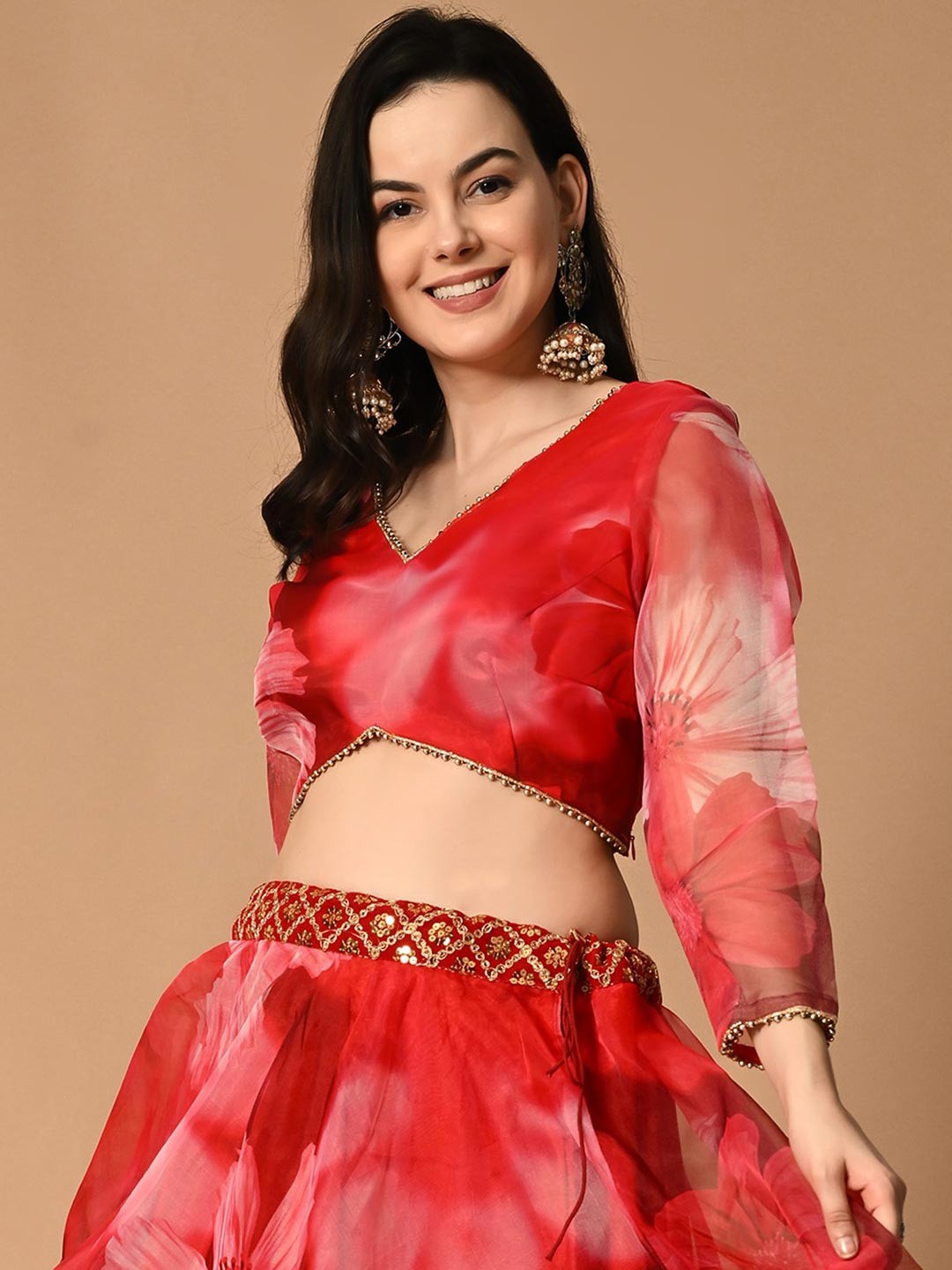 

NIRMOK Women Printed Ready to Wear Lehenga & Blouse With Dupatta, Red