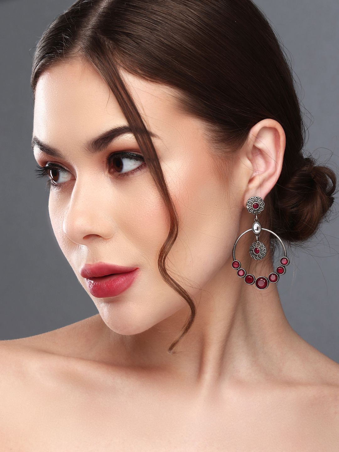 

Anvik Silver Plated Stone Studded Circular Drop Earrings