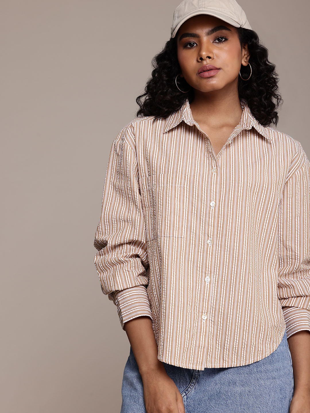 Roadster Striped Oversized Casual Shirt, Beige