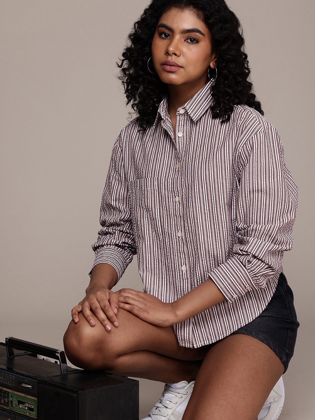 

Roadster Striped Oversized Casual Shirt, Brown