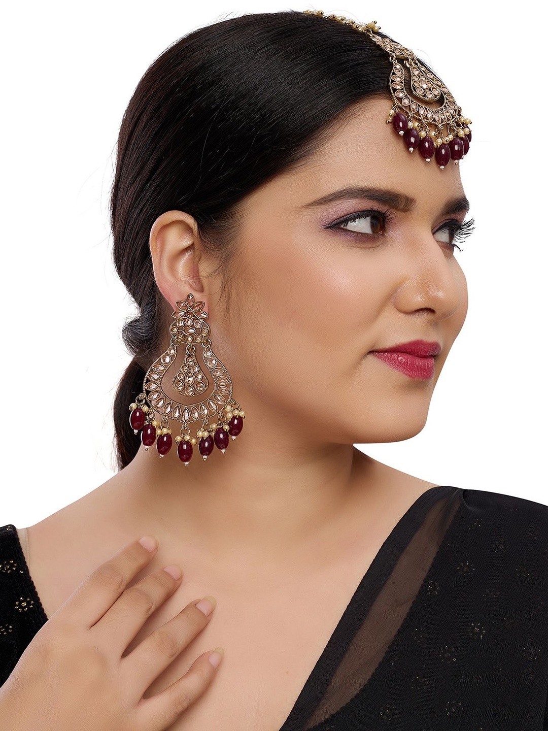 

Rhymee Gold Plated Stone Studded & Beaded Maang Tika & Earrings, Maroon