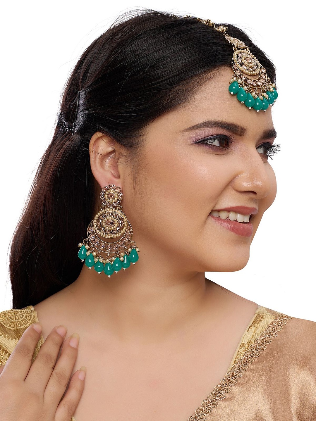 

Rhymee Gold-Plated Stone Studded & Beaded Maang Tika & Earrings