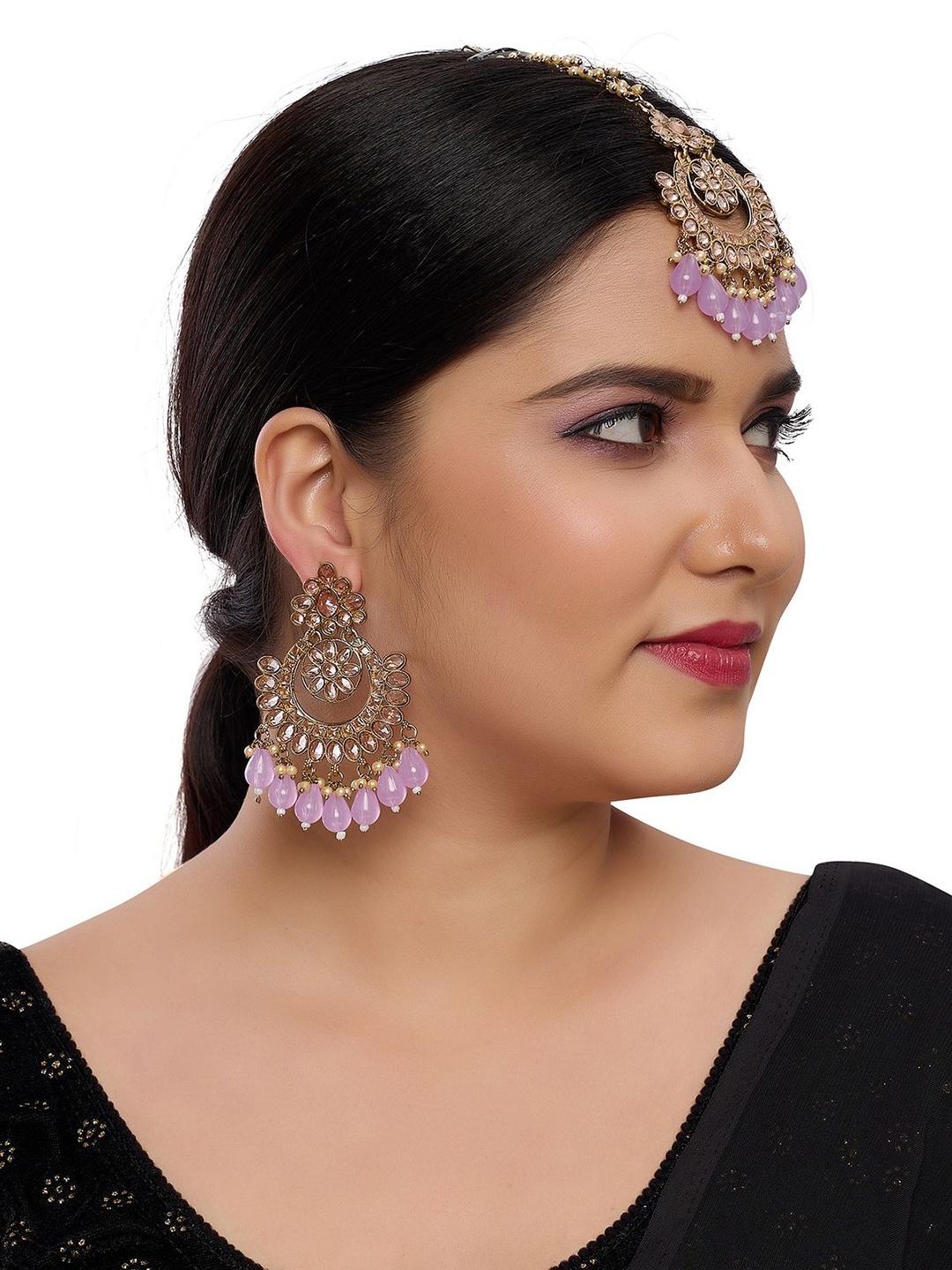 

Rhymee Gold-Plated Kundan-Studded & Beaded Maang Tika & Earrings