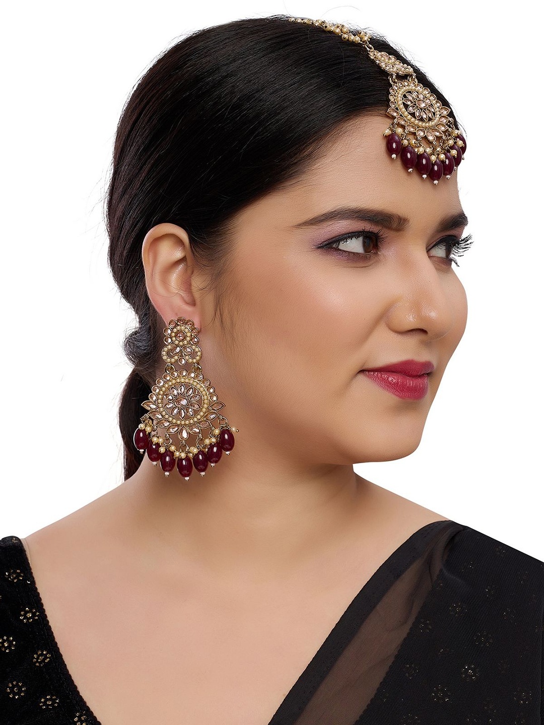

Rhymee Gold Plated Stone Studded & Beaded Jewellery Set, Maroon