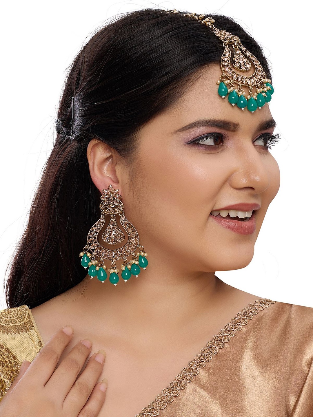 

Rhymee Gold-Plated Stone Studded & Beaded Maang Tika & Earrings, Green