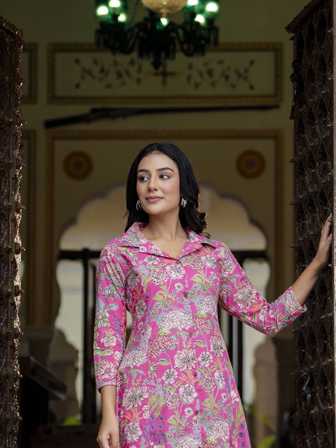 

Shrivani Floral Printed Shirt Collar Pure Cotton A-Line Kurta with Palazzo, Pink