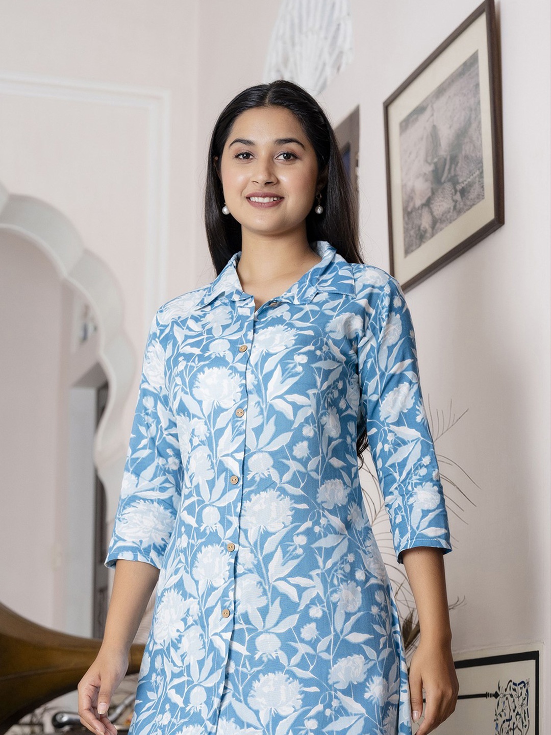 

Shrivani Floral Printed Shirt Collar Pure Cotton A-Line Kurta with Palazzo, Blue