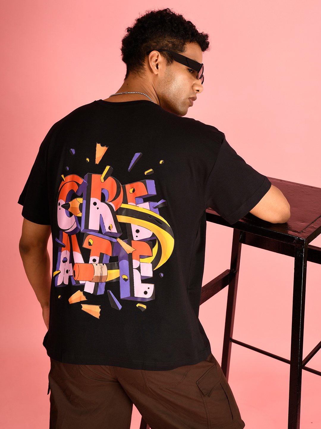 

Bene Kleed Men Typography Printed Round Neck Cotton Oversized T-shirt, Black