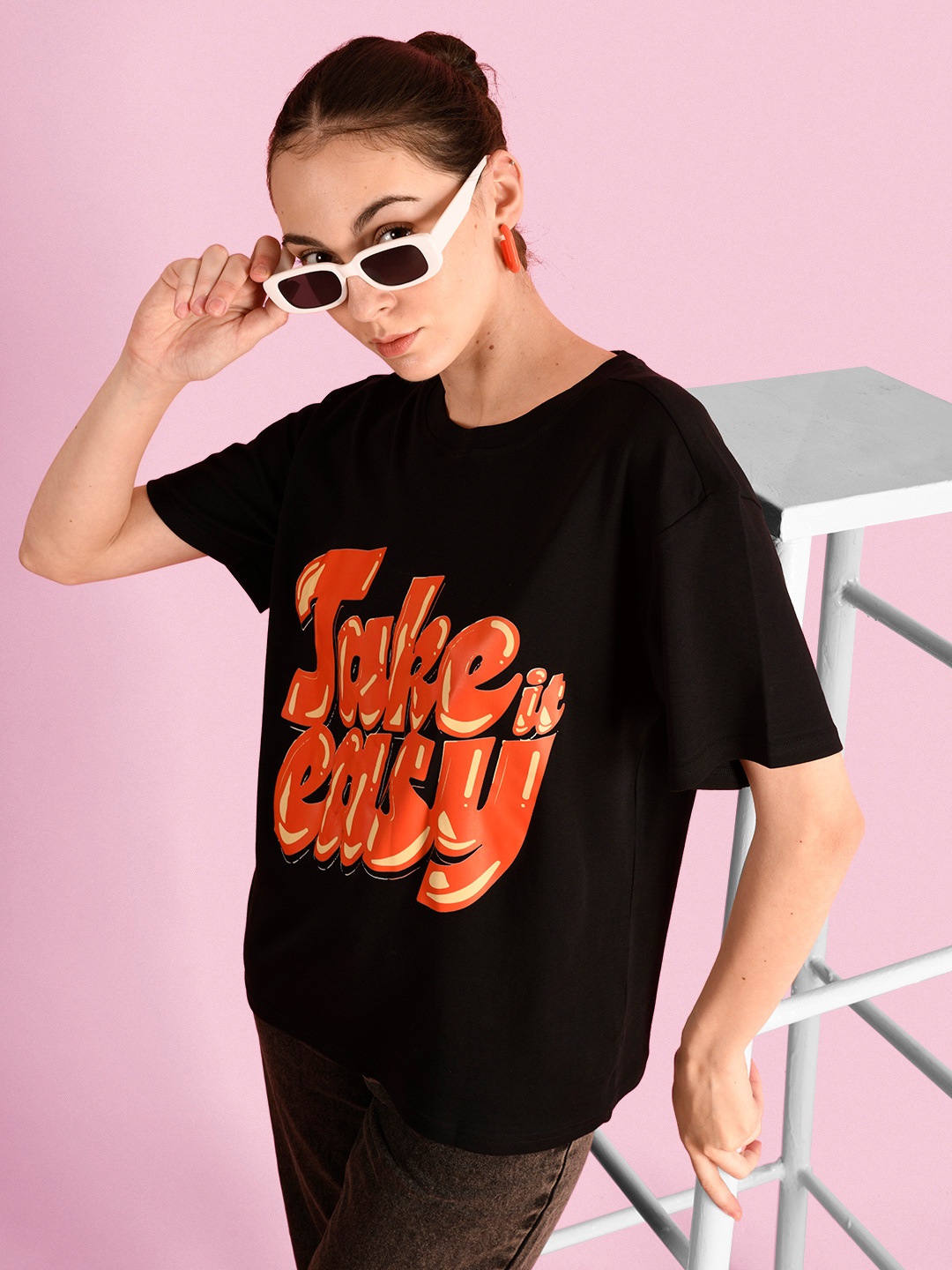 

Bene Kleed Women Typography Printed Round Neck Cotton Oversized T-shirt, Black