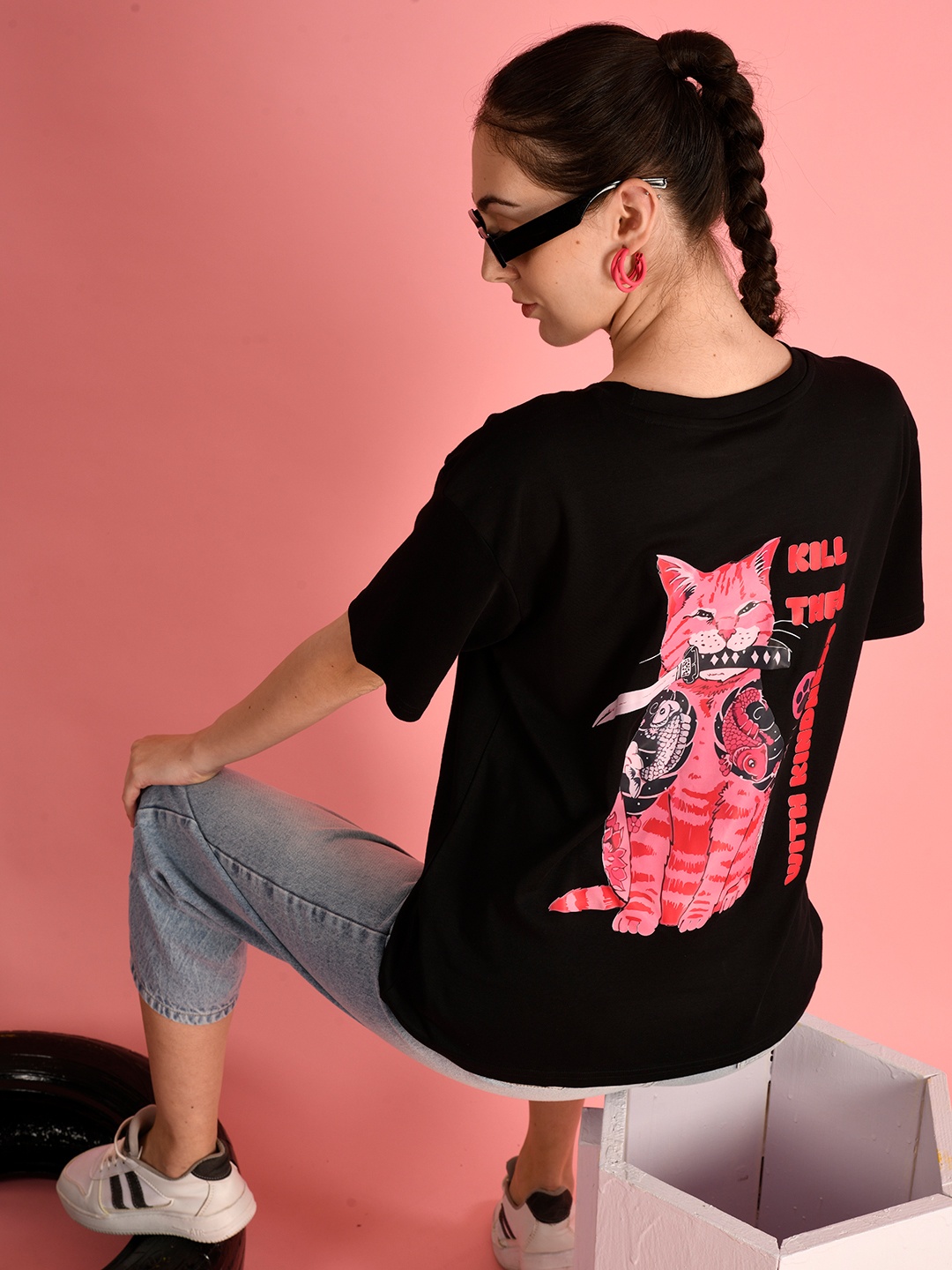 

Bene Kleed Women Typography Printed Round Neck Cotton Oversized T-shirt, Black