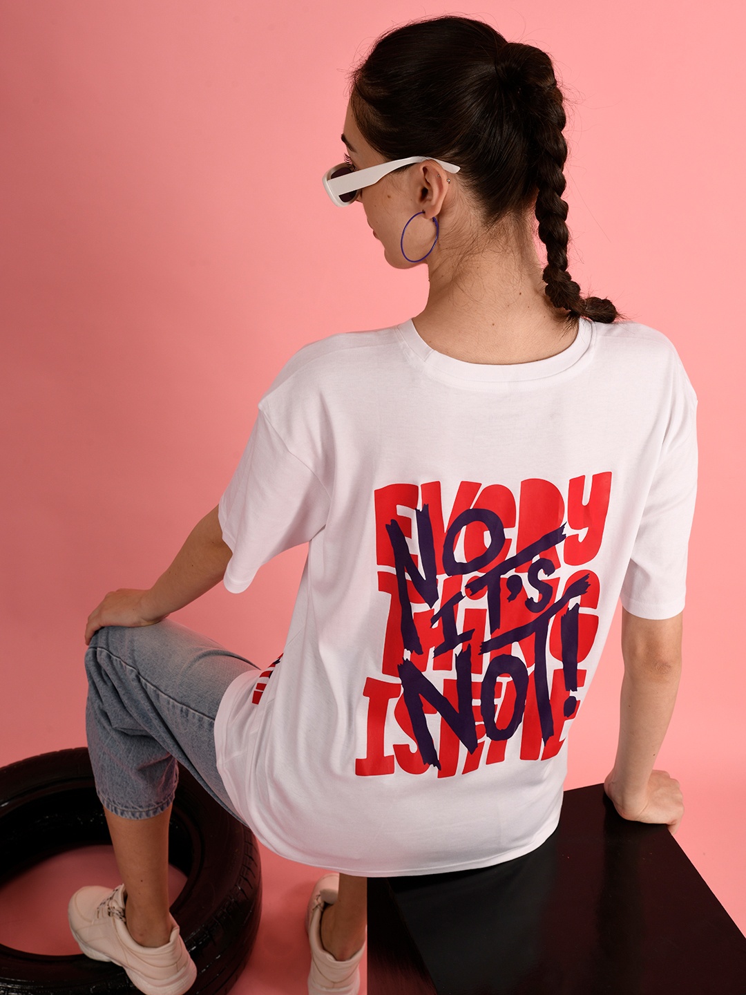 

Bene Kleed Women Typography Printed Round Neck Cotton Oversized T-shirt, White