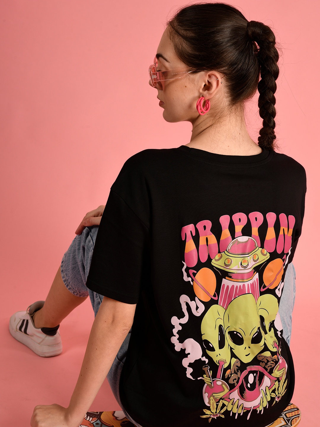 

Bene Kleed Women Graphic Printed Round Neck Cotton Oversized T-shirt, Black