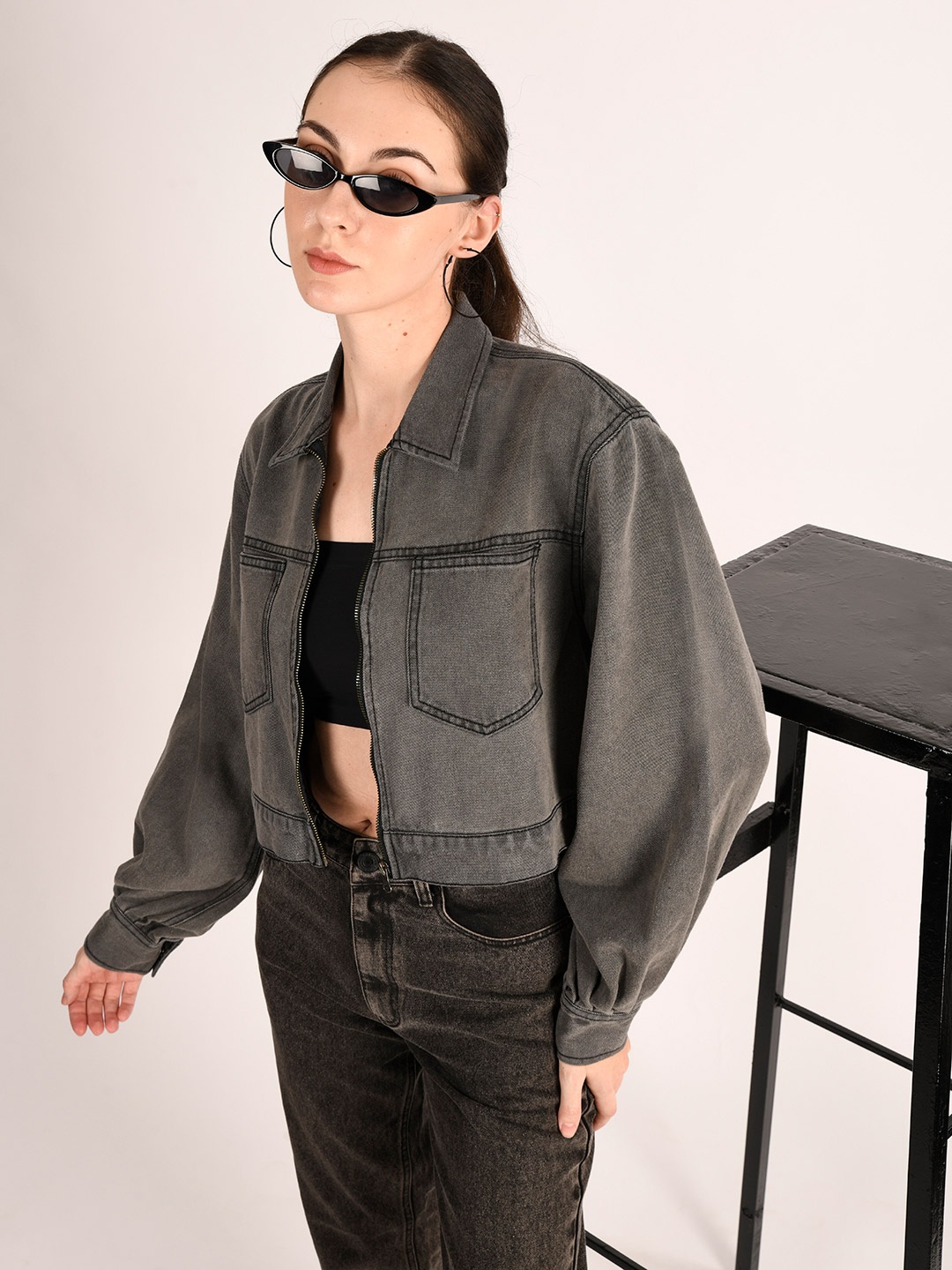 

The Roadster Lifestyle Co Pure Cotton Spread Collar Denim Jacket, Grey