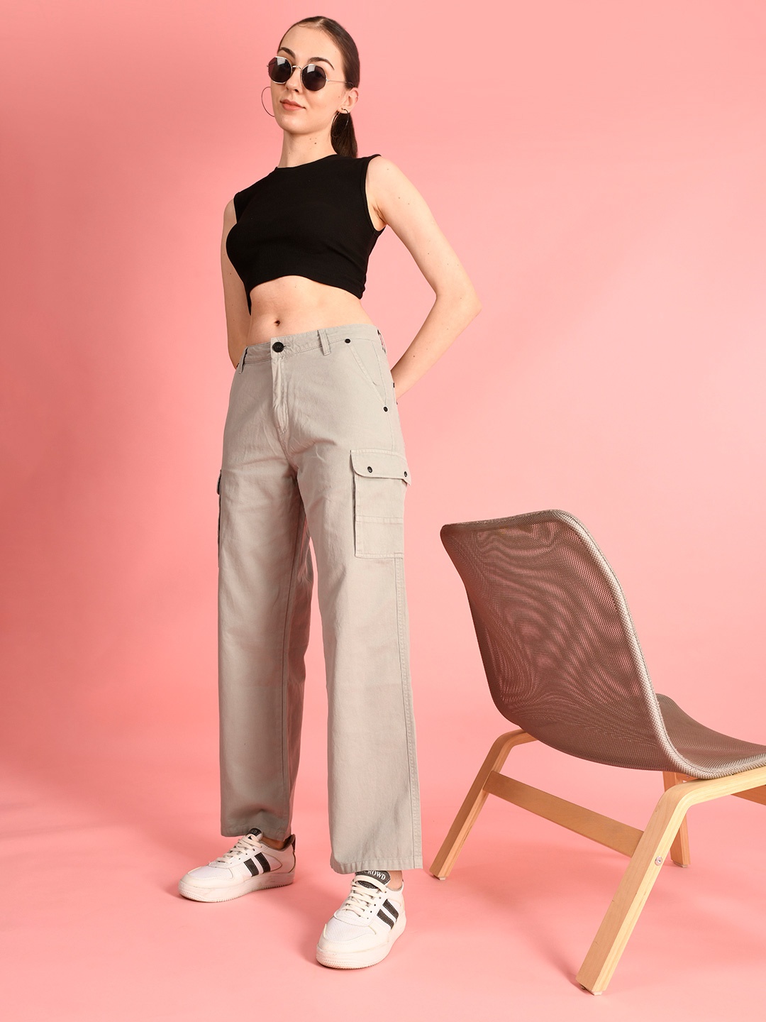 

IVOC Women Classic Straight Fit Mid-Rise Cargo Trousers, Khaki