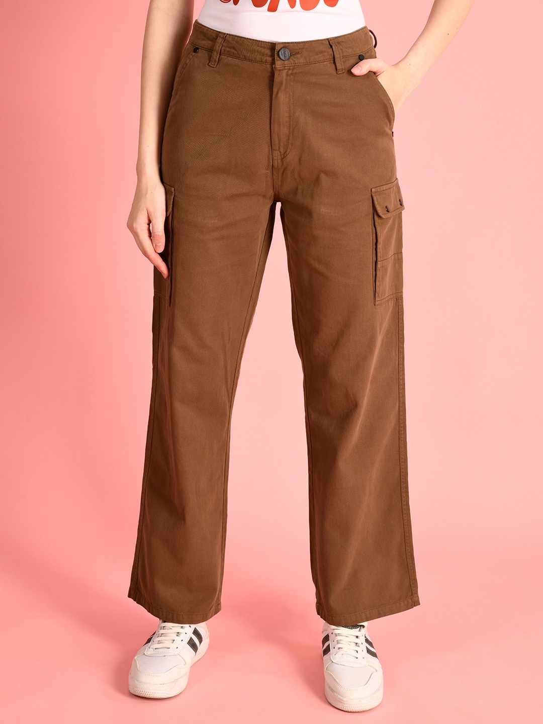 

IVOC Women Classic Straight Fit High-Rise Cargos Trousers, Brown