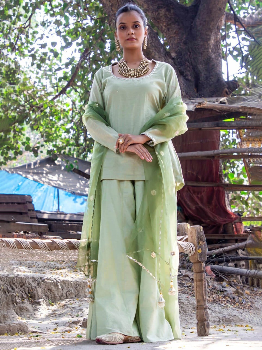 

KOVET Embroidered Thread Work Chanderi Silk Kurti with Sharara & Dupatta, Green