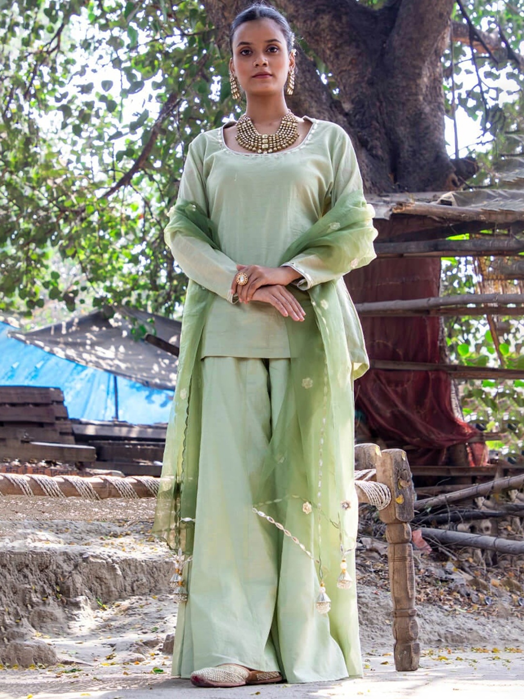 

KOVET Embroidered Thread Work Chanderi Silk Kurti with Sharara & Dupatta, Green