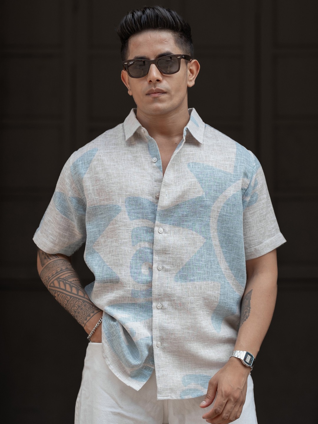 

Powerlook Men Spread Collar Abstract Printed Cotton Relaxed Fit Casual Shirt, Blue