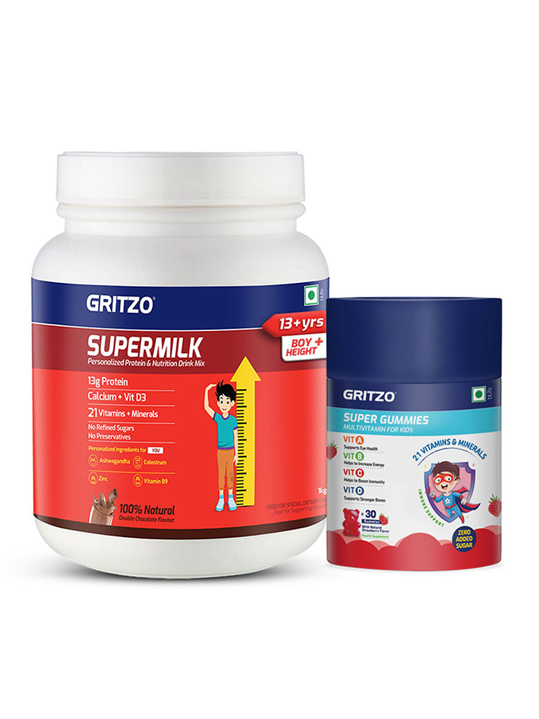 

Gritzo SuperMilk Height+ 13+y Boys With Super Gummies - 1kg -Strawberry &Double Chocolate, Red