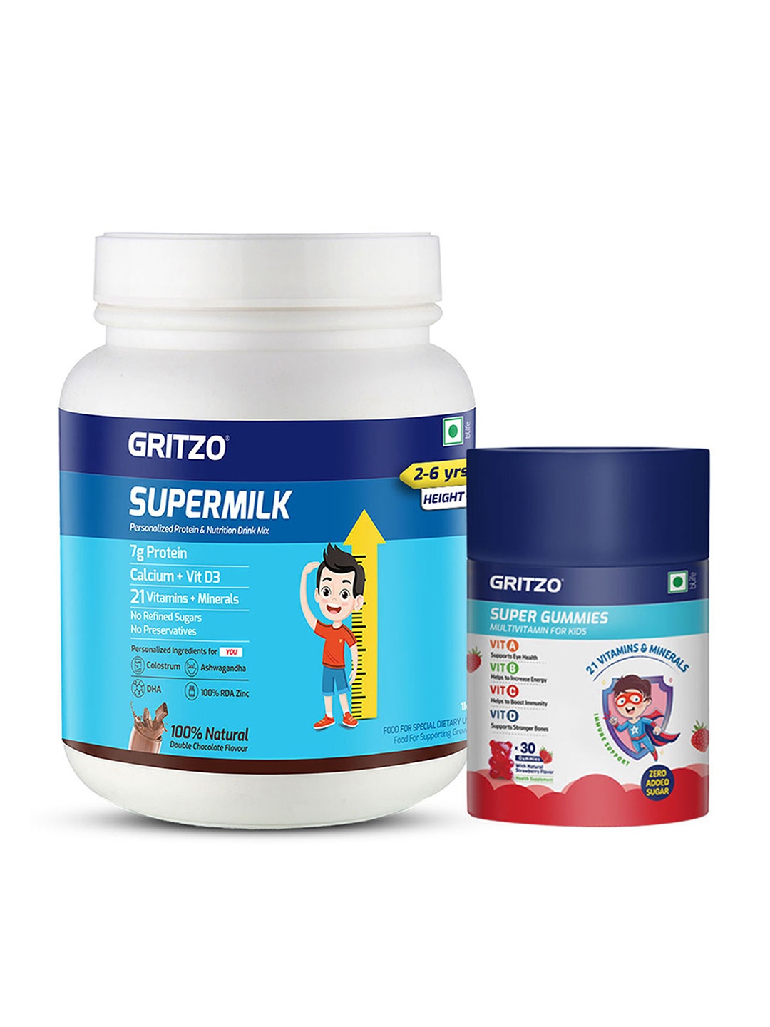 

Gritzo SuperMilk Height+ 4-7y Kids With Super Gummies - 1kg -Strawberry &Double Chocolate, Brown