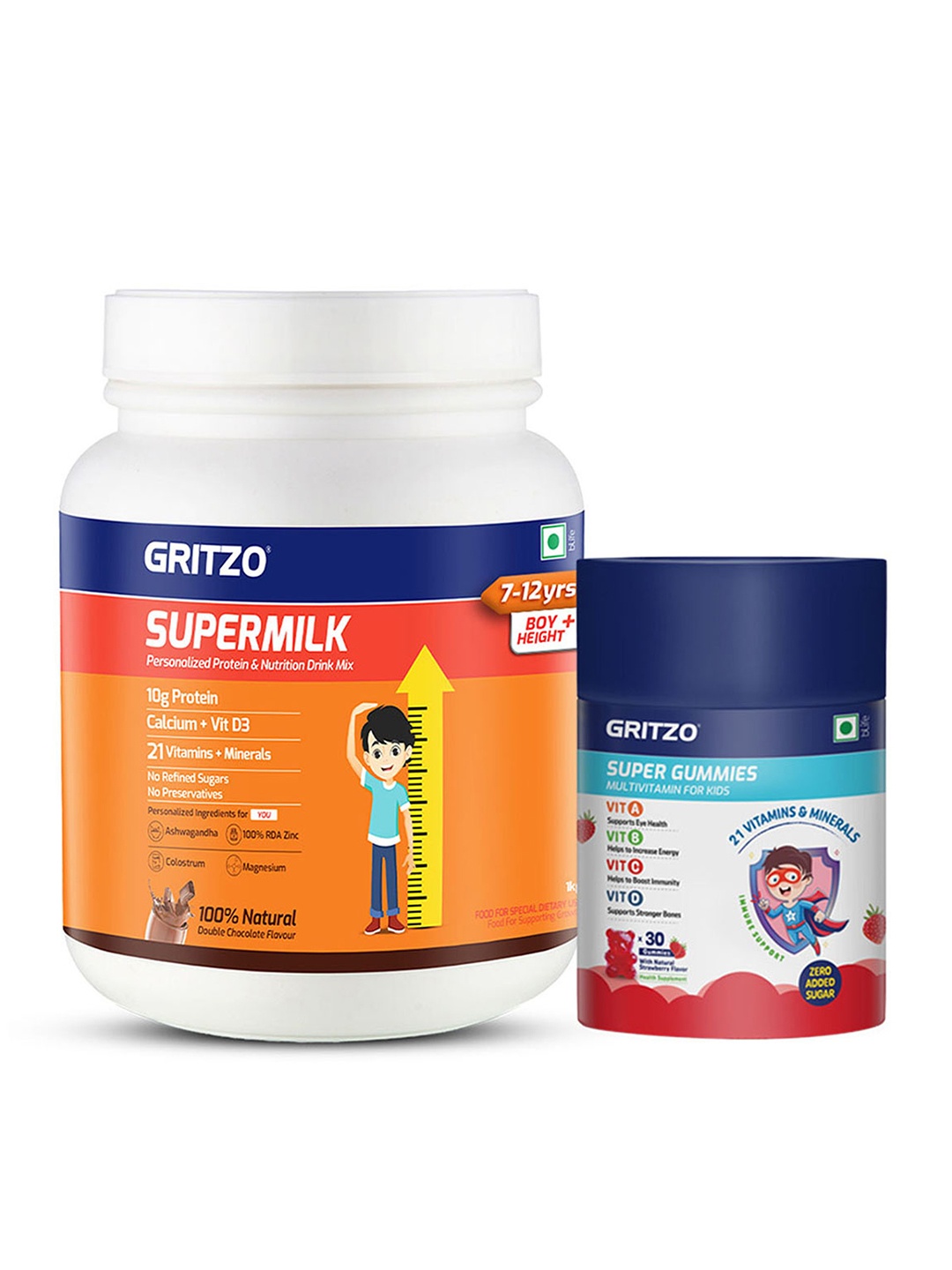 

Gritzo SuperMilk Height+ 8-12y Boys With Super Gummies - 1kg -Strawberry &Double Chocolate, Brown