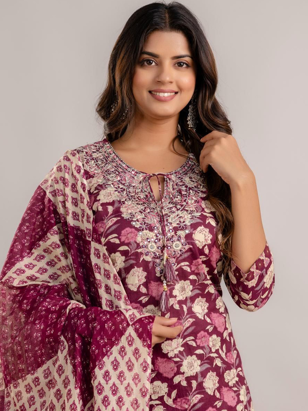 

Jasoriya Floral Printed Theread Work Tie-Up Neck Pure Cotton Kurta with Trouser & Dupatta, Maroon