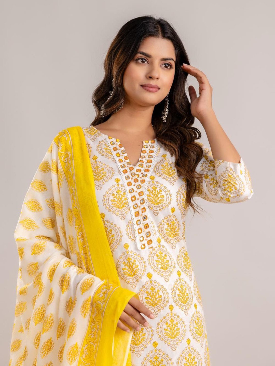 

Jasoriya Floral Printed Mirror Work Notch Neck Pure Cotton Kurta with Trouser & Dupatta, Mustard