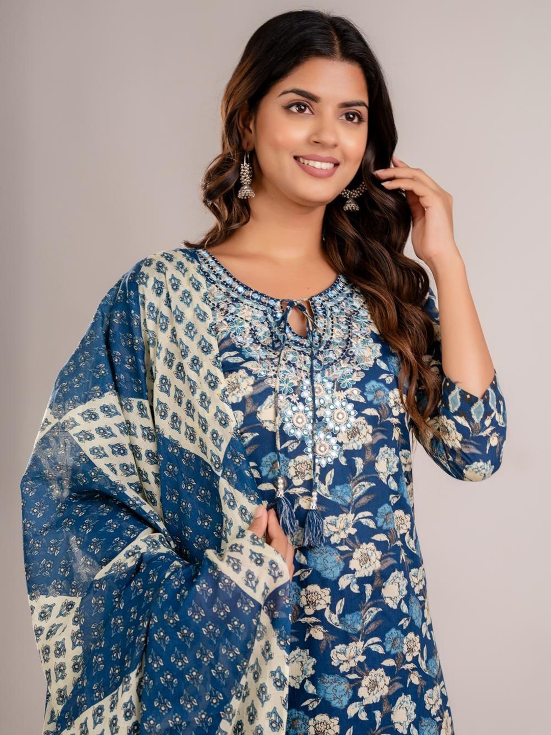 

Jasoriya Floral Printed Mirror Work Tie-Up Neck Pure Cotton Kurta with Trouser & Dupatta, Blue