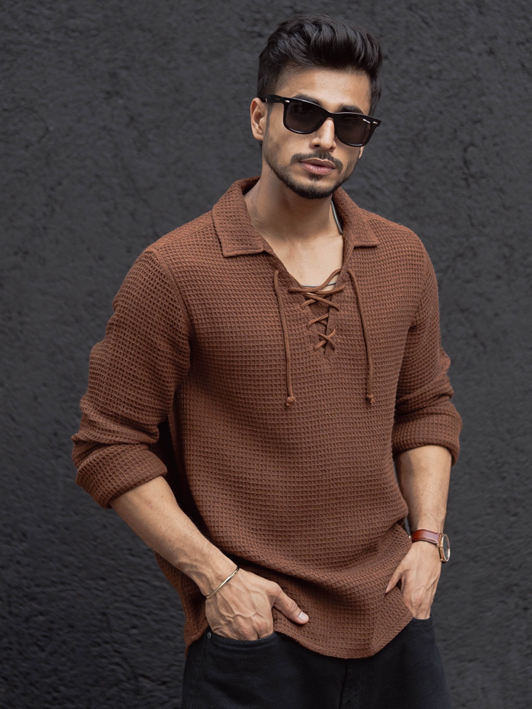 

Powerlook Men Self Design Polo Collar Casual T-Shirt, Brown
