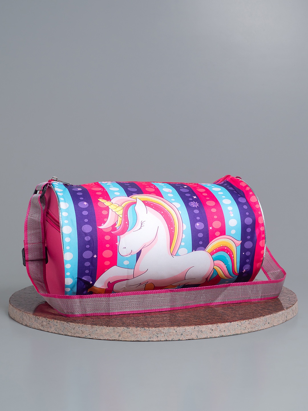 

Golden Peacock Unicorn Printed Small Foldable Casual Kids Duffel Bag, Pink