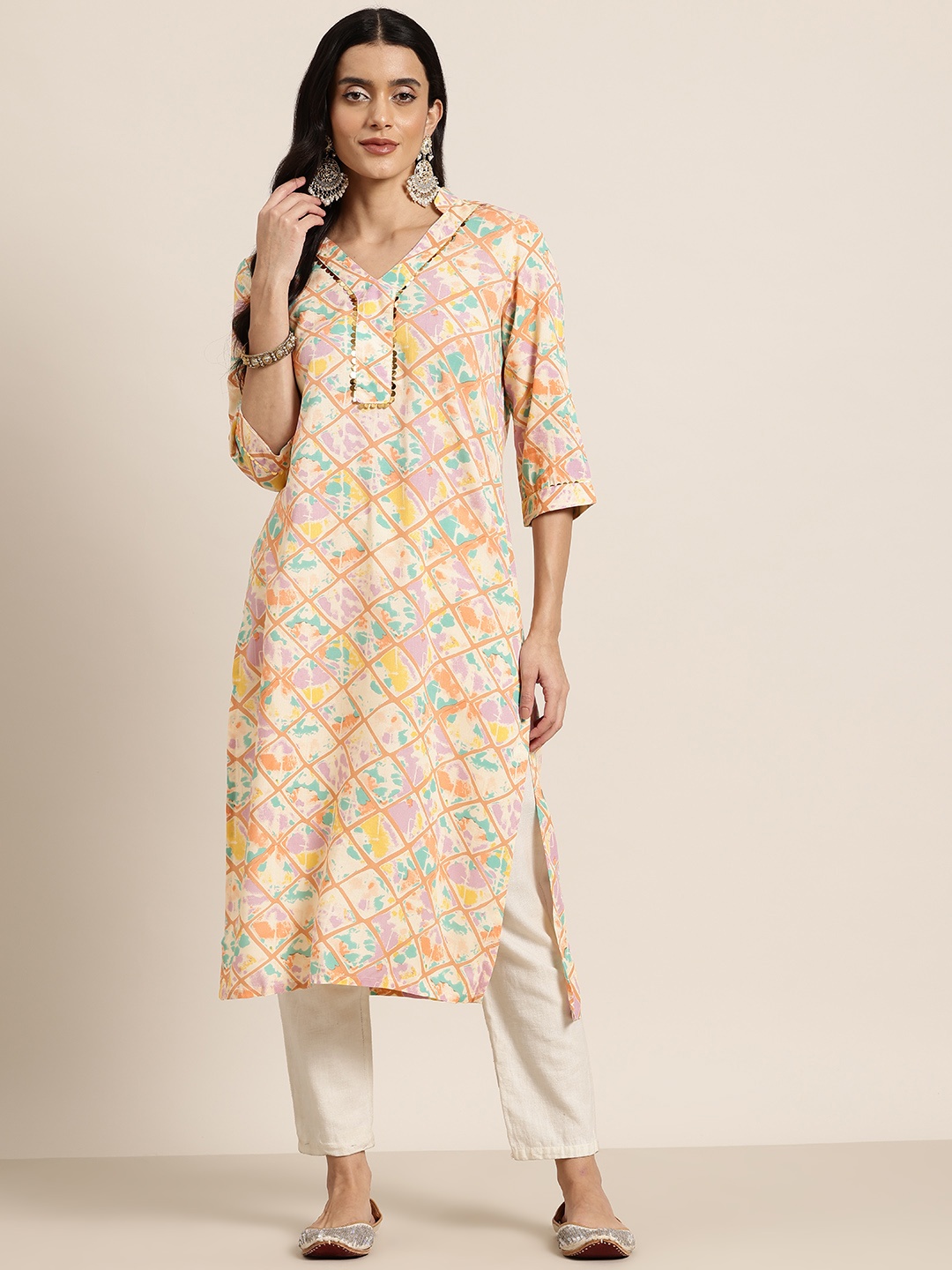 

HERE&NOW Geometric Printed Gotta Patti Kurta, Multi