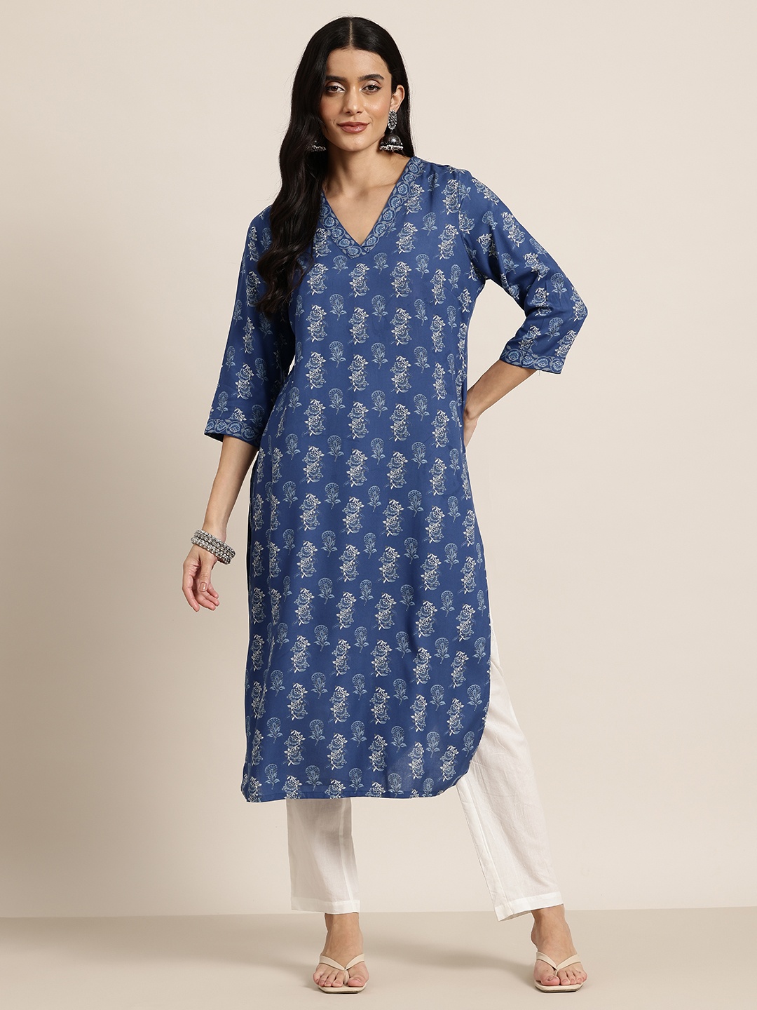 

HERE&NOW Floral Printed Kurta, Navy blue